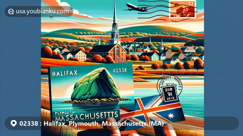 Modern illustration of Halifax, Plymouth, Massachusetts, exhibiting picturesque rural landscape with iconic Plymouth Rock, featuring '02338' ZIP code and historical symbolism.