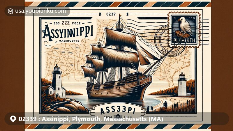 Modern illustration of Assinippi, Plymouth County, Massachusetts, featuring Mayflower II replica ship, Plymouth Rock, vintage postal elements with ZIP code 02339, and Massachusetts state flag.
