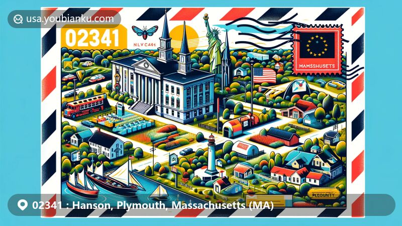 Modern illustration of Hanson, Plymouth County, Massachusetts, showcasing postal theme with ZIP code 02341, featuring local landmarks and cultural symbols, including Massachusetts state flag and Plymouth County map outline.