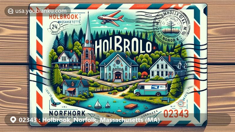 Modern illustration of Holbrook, Norfolk County, Massachusetts, showcasing postal theme with ZIP code 02343, featuring Lake Holbrook, Holbrook Square Historic District, Ames Nowell State Park, local wildlife, and lush woodlands.