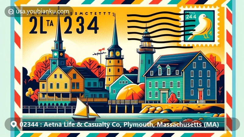 Modern illustration of Plymouth, Massachusetts, featuring postal theme with ZIP code 02344, showcasing Plymouth Rock, the Mayflower II, Plimoth Grist Mill, and Pilgrim Hall Museum.