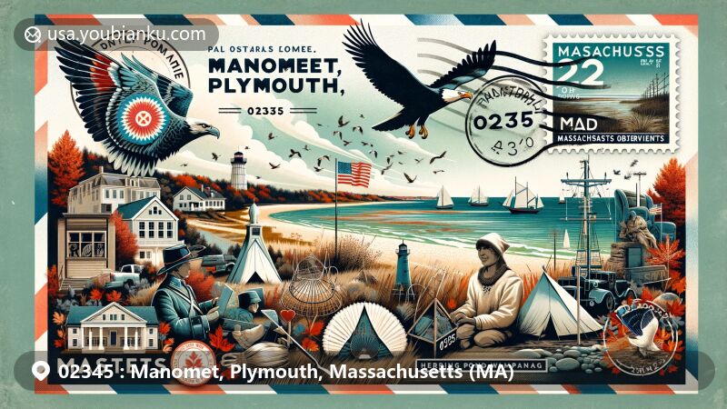 Modern illustration of Manomet, Plymouth, Massachusetts, showcasing postal theme with ZIP code 02345, featuring Plymouth Rock, Herring Pond Wampanoag Tribe, bird banding at Manomet Observatory, White Horse Beach, and cranberry bog.