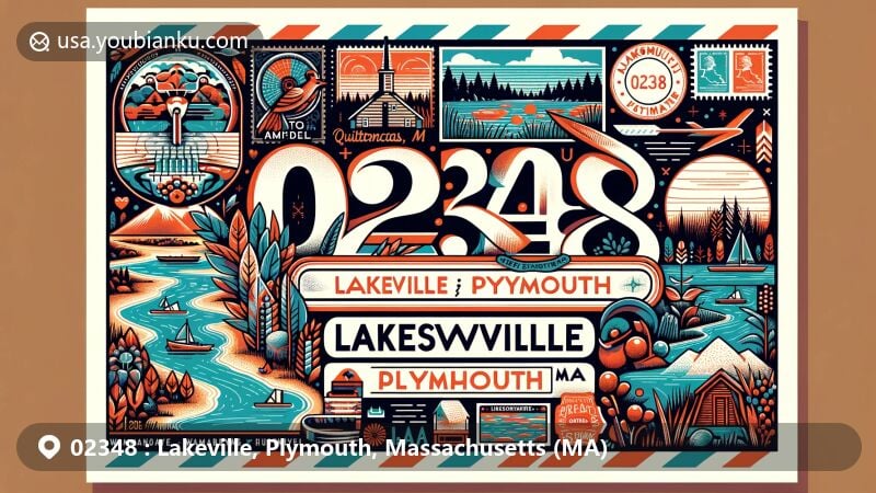 Modern illustration of Lakeville, Plymouth, Massachusetts (MA), showcasing ZIP code 02348 with stylized font, featuring Assawompset Pond, Long Pond, Great Quittacas Pond, cranberry bog, and Wampanoag Native American history.