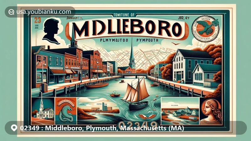Modern illustration of Middleboro, Plymouth, Massachusetts, showcasing historic South Main Street and Nemasket River, with Robbins Museum of Archaeology, surrounded by stylized map of Plymouth County, featuring vintage postal elements like Massachusetts state flag stamp and ZIP Code 02349.