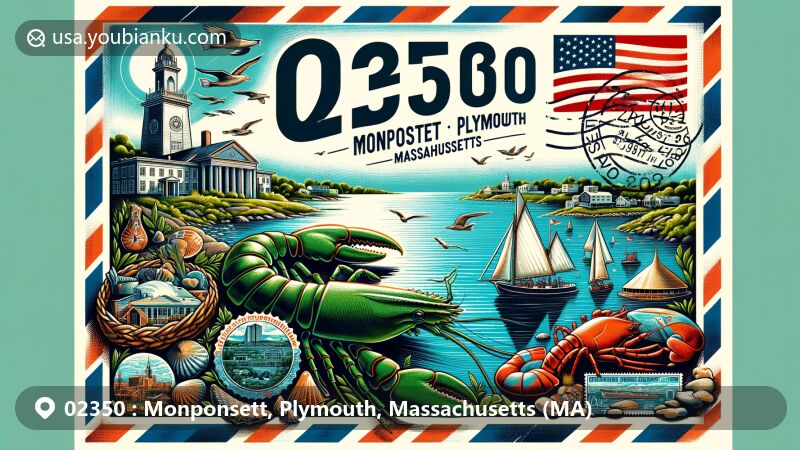 Modern illustration of Monponsett, Plymouth County, Massachusetts, showcasing natural beauty and state symbols with Plymouth landmarks, including Plymouth Rock and the Mayflower II ship.