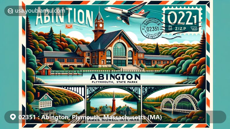 Modern illustration of Abington, Plymouth, Massachusetts, capturing North Abington Depot by H. H. Richardson, Ames Nowell State Park, Cleveland Pond, Abington Memorial Bridge and Arch at Island Grove Park, in a vintage airmail envelope style with postal elements and ZIP code 02351.