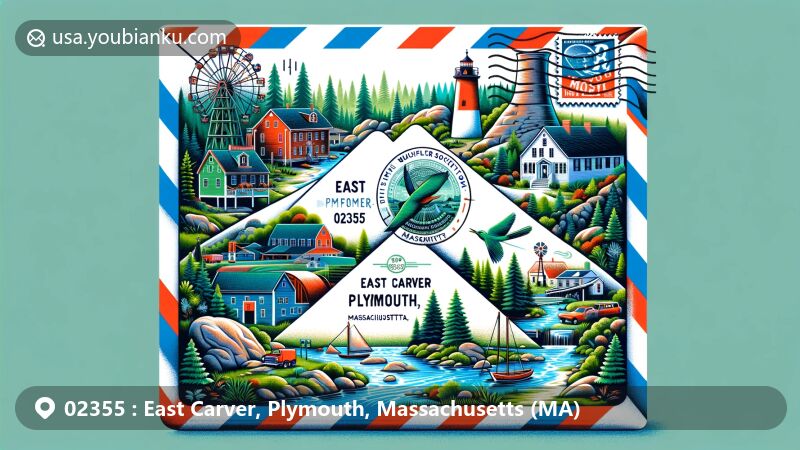 Modern illustration of East Carver, Plymouth, Massachusetts, highlighting postal theme with ZIP code 02355, featuring Cole's Hill, Plymouth Rock, The Plimoth Grist Mill, and Mayflower Society House, along with pine and cedar trees, brooks, and ponds like Vaughn Pond and Bates Pond.