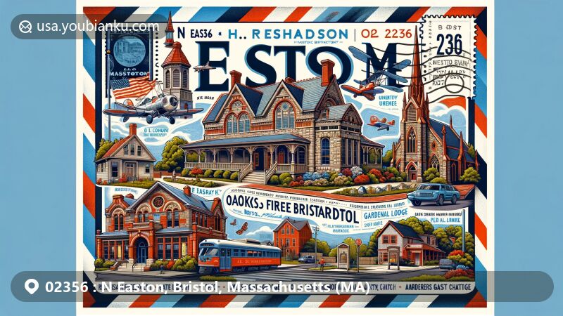 Modern illustration of N Easton, Bristol, Massachusetts, showcasing iconic landmarks including H.H. Richardson Historic District, Ames Free Library, Oakes Ames Memorial Hall, and more, with postal theme featuring 02356 ZIP code and Massachusetts state symbols.