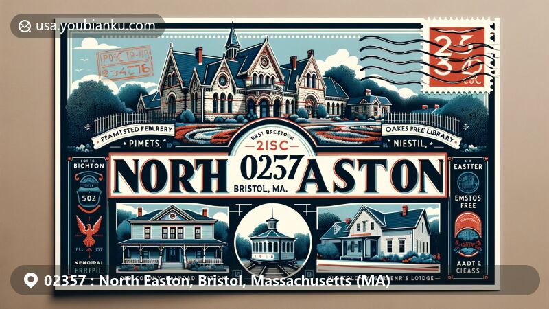 Modern illustration of North Easton, Bristol County, Massachusetts, showcasing postal theme with ZIP code 02357, featuring Ames Free Library, Oakes Ames Memorial Hall, Old Colony Railroad Station, Ames Gate Lodge, and F. L. Ames Gardener's Cottage in Richardsonian Romanesque style.