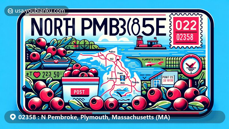 Vibrant illustration of North Pembroke, Plymouth County, Massachusetts, capturing postal theme with ZIP code 02358, showcasing map outline, North River, and cranberry illustrations.