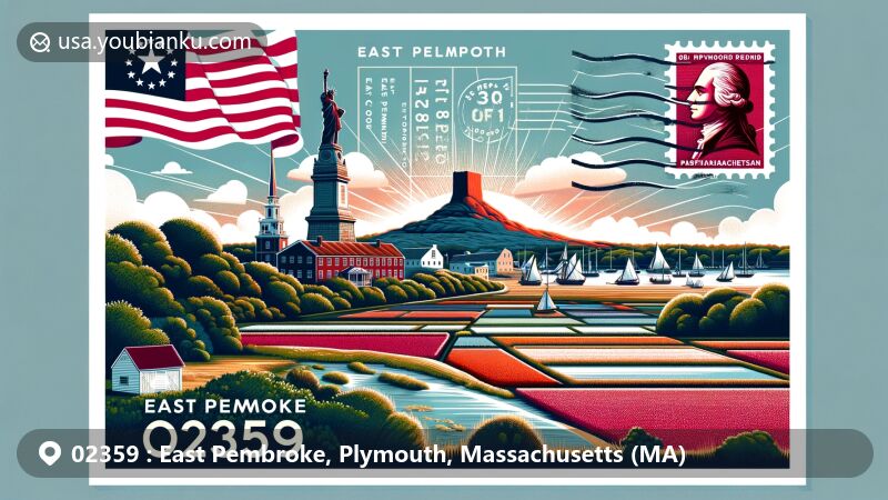 Modern illustration of East Pembroke, ZIP Code 02359, in Plymouth County, Massachusetts, featuring Plymouth Rock, the National Monument to the Forefathers, cranberry bogs, and postal theme with stamp, postmark, and postal code.
