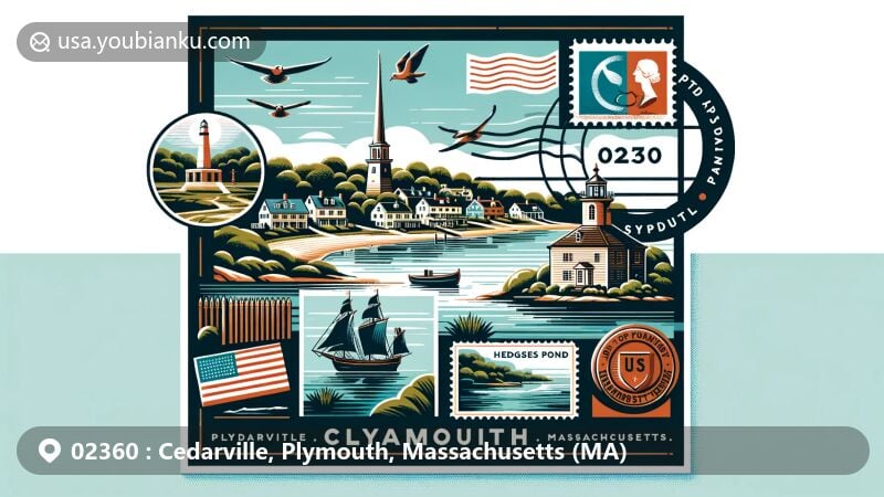 Modern illustration of Cedarville, Plymouth, Massachusetts, displaying coastal scenery, Hedges Pond, Plymouth Rock, and National Monument to the Forefathers, with postal elements like postcards, stamps, postmarks, and ZIP code 02360.