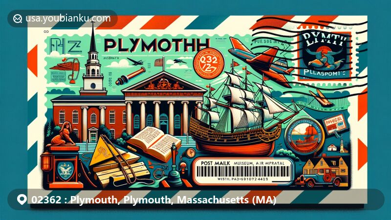 Modern illustration of Plymouth, Massachusetts, with ZIP code 02362, showcasing iconic landmarks like the Mayflower replica, Plimoth Patuxet Museum, and Pilgrim Hall Museum artifacts, creatively intertwined with postal elements such as stamps and postmarks.