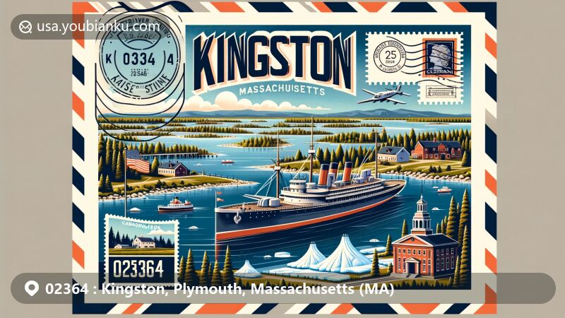 Modern illustration of Kingston, Plymouth County, Massachusetts, showcasing postal theme with ZIP code 02364, featuring Jones River Landing, USS Independence, Silver Lake, and scenic conservation areas.