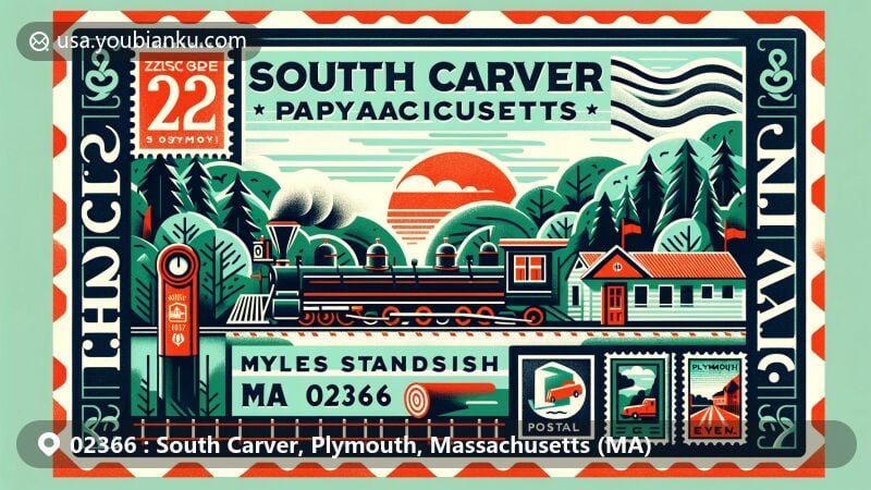 Modern illustration of South Carver, Plymouth, Massachusetts, showcasing Edaville Railroad and Myles Standish State Forest, with stylized Massachusetts state flag elements and postal motifs.