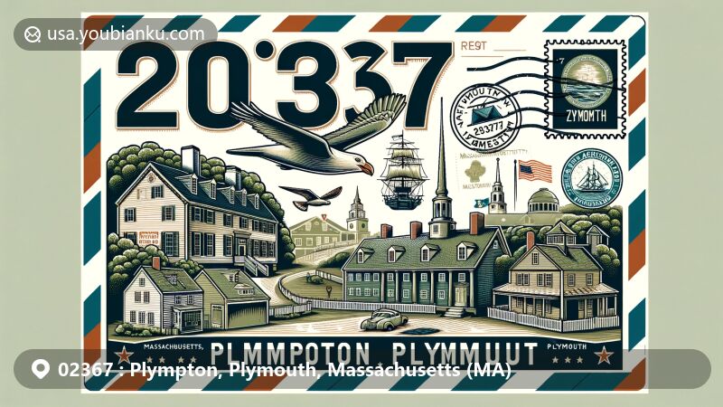 Modern illustration of Plympton Village, Plymouth, Massachusetts, in airmail envelope style with ZIP code 02367, featuring historic Georgian or Federal-style architecture and iconic symbols of Massachusetts.