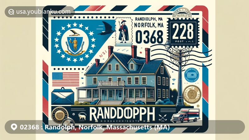 Illustration showcasing Jonathan Belcher House in Randolph, Norfolk, Massachusetts, with Massachusetts state flag featuring Algonquian Native American and postal elements like stamps and mailbox for ZIP code 02368.