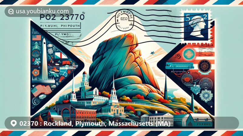 Modern illustration of Rockland, Plymouth County, Massachusetts, with focus on Plymouth Rock and local cultural symbols, blending harmoniously with postal theme showcasing ZIP code 02370.