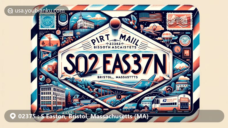 Modern illustration of S Easton, Bristol, Massachusetts, featuring air mail envelope with ZIP code 02375, showcasing key landmarks and symbols of the area, including subtle postal elements, in a vibrant digital art style.