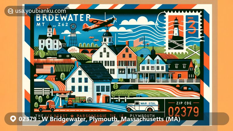 Modern illustration of W Bridgewater, Plymouth, Massachusetts, highlighting postal theme with ZIP code 02379, featuring historical landmarks like Keith House, War Memorial Park, and rural farms, set against a stylized map of Plymouth County.