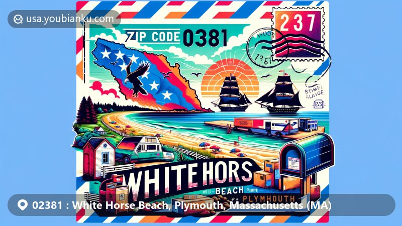 Modern illustration of White Horse Beach, Plymouth, Massachusetts, capturing postal theme with ZIP code 02381, featuring White Horse Beach, Massachusetts state flag, Plymouth County map outline, Mayflower II ship image, and postal elements like stamps, postmarks, mailbox, and mail truck.