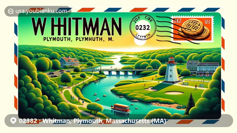 Modern illustration of Whitman, Plymouth, Massachusetts, showcasing the scenic Shumatuscacant River, lush meadows, iconic Toll House Cookie, Whitman Town Park, and postal elements including ZIP code 02382.