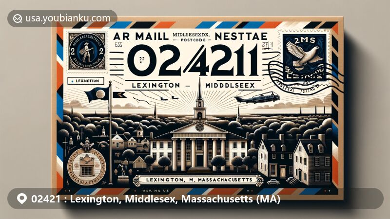 Modern illustration of Lexington, Middlesex, Massachusetts, with postal theme showcasing ZIP code 02421, featuring Lexington Green and Massachusetts state symbols.