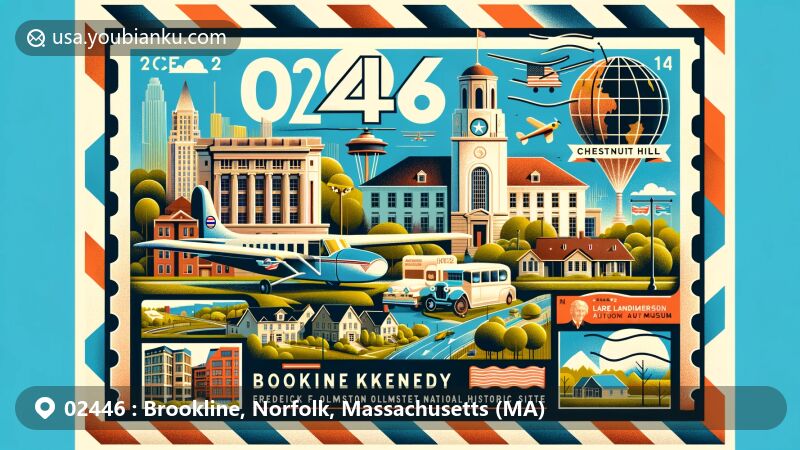 Modern illustration of Brookline, Norfolk, Massachusetts, showcasing ZIP code 02446 with iconic landmarks like John F. Kennedy National Historic Site, Frederick Law Olmsted National Historic Site, Larz Anderson Auto Museum, Longyear Museum, and picturesque Chestnut Hill.