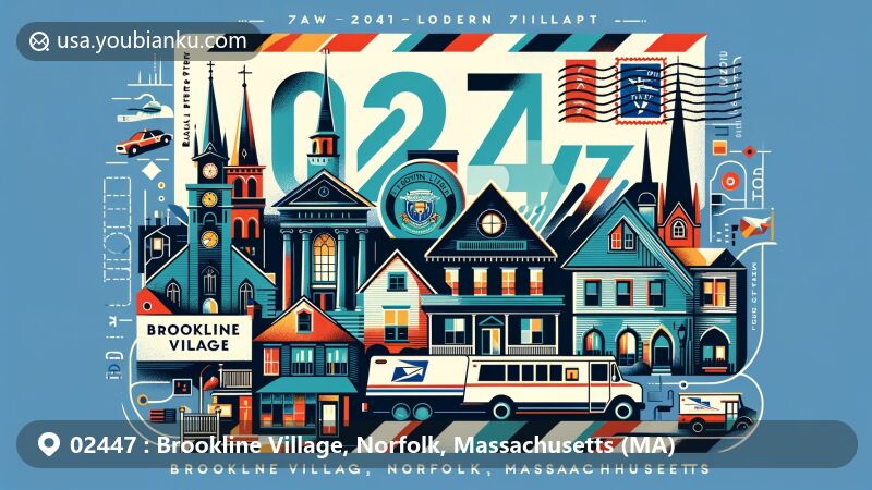 Modern illustration of Brookline Village, Norfolk, Massachusetts (MA), portraying postal theme with ZIP code 02447, featuring architectural landmarks and New England style residences.