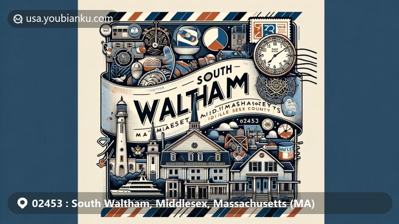 Modern illustration of South Waltham, Middlesex County, Massachusetts, with postal theme showcasing Waltham Watch Company symbols and local culture, featuring ZIP code 02453.