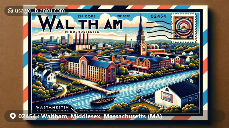 Modern illustration of Waltham, Middlesex, Massachusetts, featuring Waltham Watch Factory and Charles River, with stylized Massachusetts map showcasing city's location, airmail envelope design with state flag stamp, postmark '02454', and artistic mailbox.