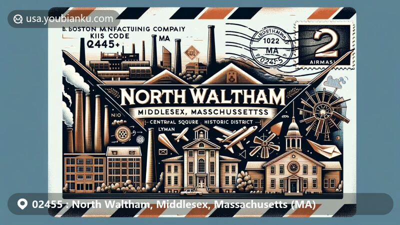 Modern illustration of airmail envelope showcasing North Waltham, Middlesex, Massachusetts, ZIP code 02455, featuring Boston Manufacturing Company, Gore Place, Lyman Estate, Central Square Historic District, and Rumford Hall.