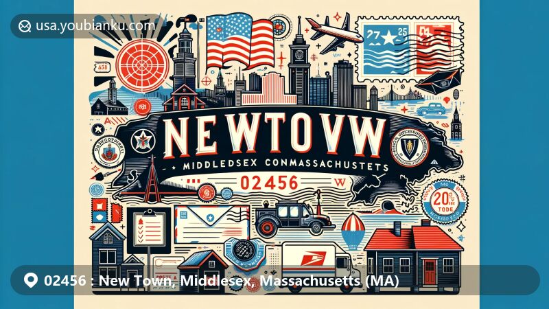 Illustration of New Town, Middlesex County, Massachusetts, highlighting postal theme with ZIP code 02456, showcasing county outline, state flag and seal of Massachusetts, Boston landmarks, and postal elements like postcard, airmail envelope, stamps, postmarks, mailbox, and mail truck.