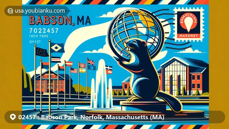 Modern illustration of Babson Park, MA, showcasing postal theme with ZIP code 02457, featuring Babson World Globe, Fountain of Flags, and iconic symbols like beaver sculpture and Massachusetts elements.