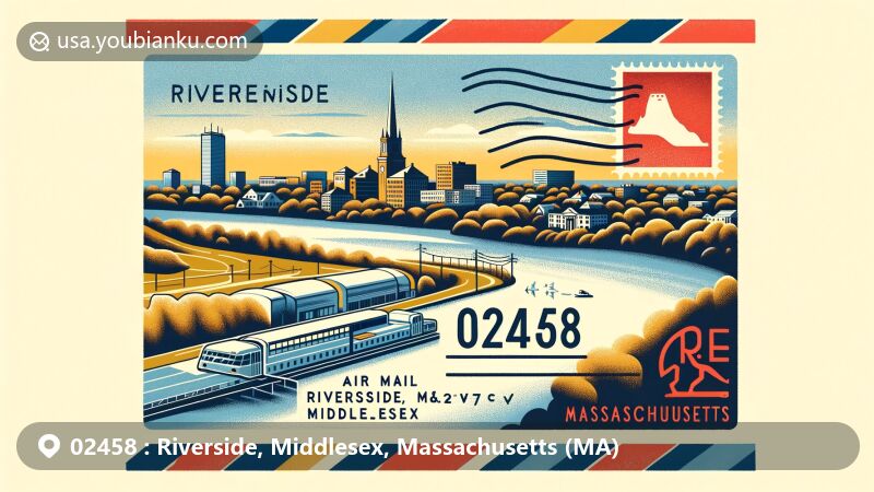 Modern illustration of Newton, Middlesex County, Massachusetts, showcasing Charles River and iconic 'Heartbreak Hill' of the Boston Marathon, with creative postal theme featuring '02458' postal stamp.