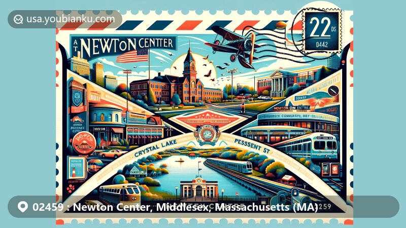 Modern illustration of Newton Center, Middlesex County, Massachusetts, featuring iconic landmarks like Newton City Hall, the War Memorial, and the Newton Free Library, along with Crystal Lake and historic Pleasant Street district, blended with postal theme and ZIP code 02459.