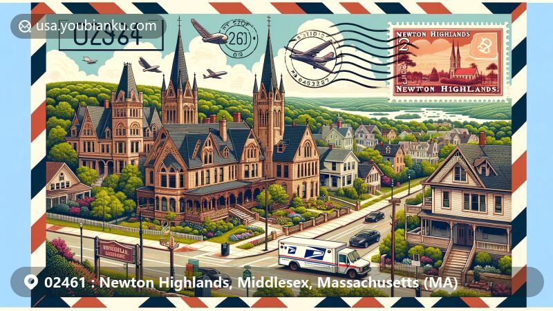 Modern illustration of Newton Highlands, Middlesex County, Massachusetts, capturing historic district with Victorian homes, Hyde School, and Newton Highlands Congregational Church, set amidst lush greenery and village life.