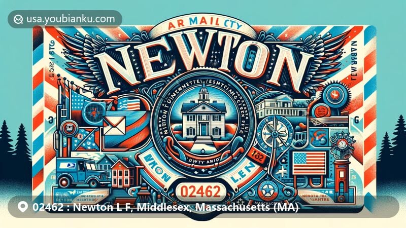 Modern illustration of Newton L F, Middlesex County, Massachusetts, featuring stylized air mail envelope with postal elements and iconic landmarks like Durant-Kenrick House, representing 'The Garden City' with flag, city seal, and ZIP Code 02462.