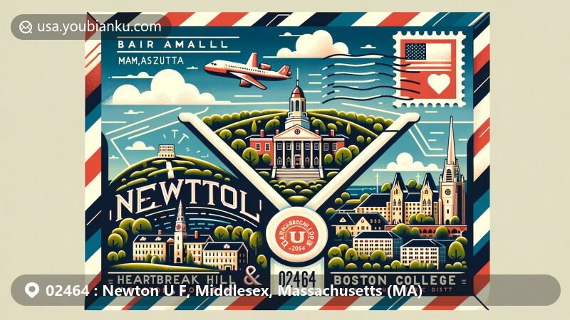 Modern illustration of Newton U F, Massachusetts, highlighting iconic landmarks like Heartbreak Hil and Boston College Main Campus Historic District, featuring postal elements including stamps, postmarks, and ZIP code 02464.
