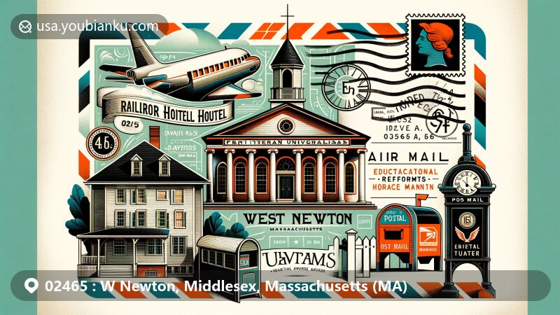 Modern illustration of West Newton, Middlesex, Massachusetts, showcasing historical and architectural landmarks with postal theme, including Railroad Hotel, First Unitarian Universalist Church, and symbols of Horace Mann's educational reforms.