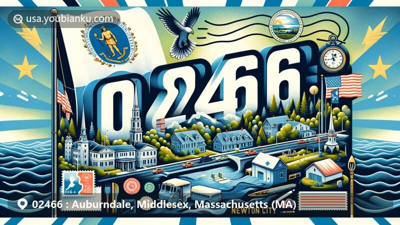 Modern illustration of Auburndale, Massachusetts, showcasing postal theme with ZIP code 02466, featuring state flag, Native American and Algonquin symbols, and postal elements like stamp and envelope.