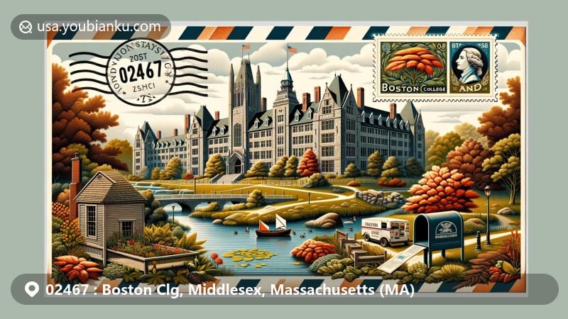 Modern illustration of Boston College, Middlesex County, Massachusetts, highlighting Gothic Revival architecture like Gasson Hall, Kennard Park, red maple swamp, and postal elements with ZIP code 02467.