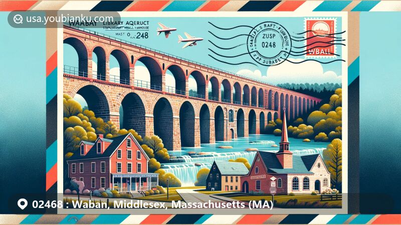 Modern illustration of Waban, Newton, Massachusetts, showcasing landmarks like the Waban Arches and Sudbury Aqueduct, highlighting historic buildings such as Waban Library Center, Staples-Craft-Wiswall Farmhouse, and Parish of the Good Shepherd, set in a postal-themed design with ZIP code 02468.