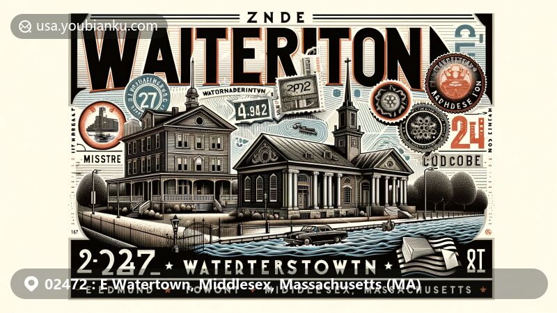 Modern illustration of E Watertown, Middlesex, Massachusetts, capturing historic landmarks like Edmund Fowle House, Watertown Arsenal, and Mount Auburn Cemetery, with vintage postal elements, showcasing postal theme with ZIP code 02472.