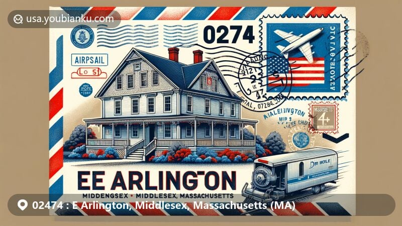 Modern illustration of E Arlington, Middlesex County, Massachusetts, showcasing historic Jason Russell House on an airmail envelope with elements of Massachusetts state flag and prominent '02474' ZIP code, featuring classic postal design elements.