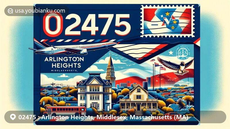 Modern illustration of Arlington Heights, Middlesex County, Massachusetts, featuring postal theme with ZIP code 02475, showcasing vibrant airmail envelope with Massachusetts state flag stamp.