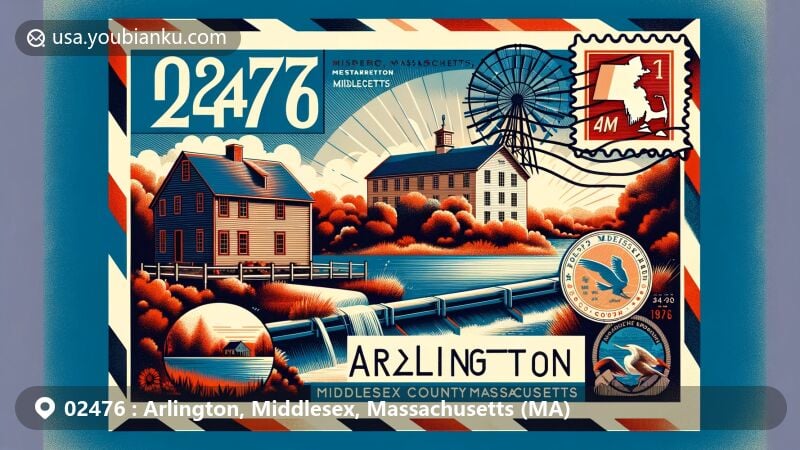 Modern illustration of Arlington, Middlesex County, Massachusetts, showcasing postal theme with ZIP code 02476, featuring historic landmarks like Old Schwamb Mill and Jason Russell House, as well as natural beauty of Spy Pond Park.