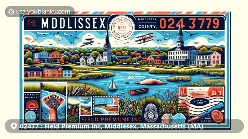 Vibrant portrayal of Middlesex County, Massachusetts, showcasing ZIP code 02477 for Field Premium Inc, blending natural and historical landmarks like lakes, John Eliot Historic District, and Middlesex Fells Reservation, with postal elements like stamps and airmail border.