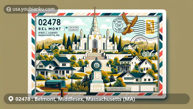 Modern illustration of Belmont, Middlesex, Massachusetts embracing postal theme with ZIP code 02478, showcasing Boston Massachusetts Temple and Angel Moroni statue, residential suburb features, and airmail design.