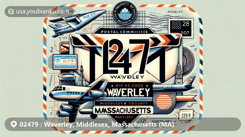 Modern illustration of Waverley area, Middlesex County, Massachusetts, highlighting postal theme with ZIP code 02479, featuring local landmarks and cultural symbols.